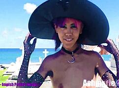 slut majick dances topless in public cemetery slow motion