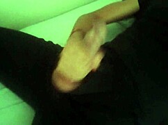 horny guy in black pants jerks off big cock after work until he cums