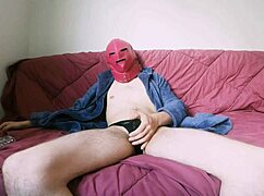 Watch this young pornstar masturbate with a big cock and cum on the sofa?