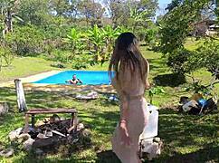 Hey, boss lady at the farm screws a worker fresh outta the pool naked!