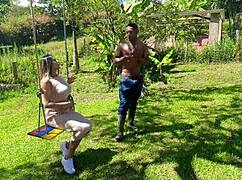 Hey, boss lady at the farm screws a worker fresh outta the pool naked!