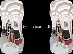 Virtualpee features a dildo-loving brunette in a realistic european setting