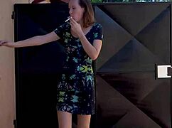 Slutty brunette smokes outdoors near neighbors