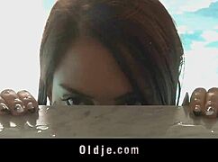 Sweet Redhead Teen Sucks Old Cock by the Poolside