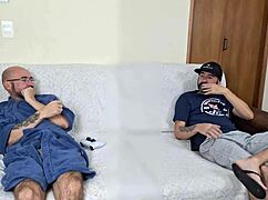 This husband invites a friend to watch his blindfolded wife in the bedroom, then joins the submissive action.