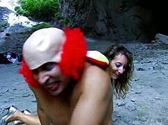 Oh My God, The Hot Chained Brunette Gets Roughly Deepthroated And Fucked By A Clown Outdoors In Heels!