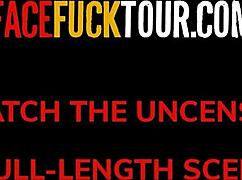 Skinny brunette babe gags on huge cock in POV, spitting during rough deepthroat.