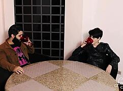 Skinny girl deepthroats big hairy cock