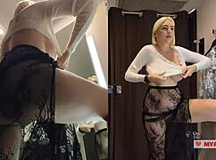 So, you're spying on a busty girl in transparent clothes. She's trying them in the dressing room.