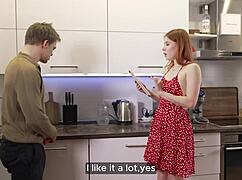 Redhead bodybuilder slut giving dirty blowjob to big cock in apartment