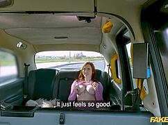 Fake taxi driver calms nervous passenger with big cock pounding in car. She takes it all!