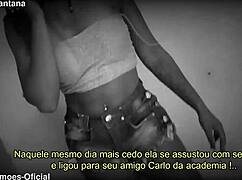 Beautiful young Brazilian wife licks muscular bodybuilder friend's big cock