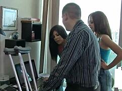 I felt so humiliated as femdom teen 18+s jerked my small penis in a wild 3some with perky brunettes.