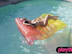 Big tits curvy milf undresses in the pool, revealing her soft wet ass for a striptease.