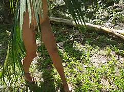 A naked tall girl is photographed in the wild amazon jungle.