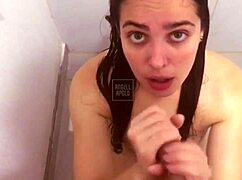 latina princess gives a soft, hot blowjob in the bathroom till covered in cum.
