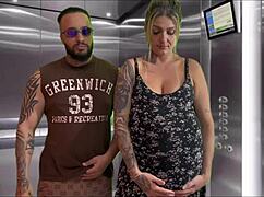 Pregnant neighbor gives blowjob in elevator