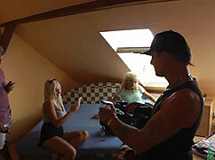 big dick blowjob threesome party with school uniforms, skirts, stockings on high heels backstage, so fun!