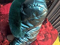Stepmom gets face-fucked with cumshot on her shiny down-jacket.