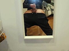 The guy with huge cock plays on transparent chair, showing his ass and dick in close-up