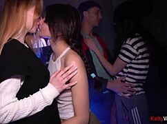 College sex party with three busty babes fucking and getting cum in mouth?