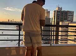 Beautiful babe with fat ass and small waist fucks in cowgirl at sunset