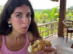 Cute Girl's Thrilling Public Exposure With Burger And Cum