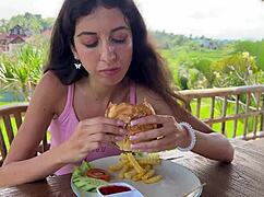 Cute Girl's Thrilling Public Exposure With Burger And Cum