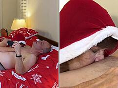 Granny Carmen Claus deepthroating in close up during Christmas season