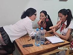 Threesome Students And Teacher With Toys