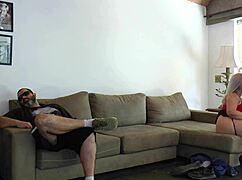 The unfaithful latina wife bends over for doggystyle fucking with her friend while her cuckold watches.