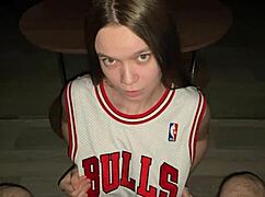 Good girl gives her stepdad a deep blowjob while kneeling cum on stepdaughter big natural tits