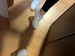 intriguing barefoot feet with smelly socks and nylon in early morning