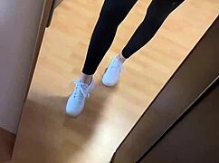 intriguing barefoot feet with smelly socks and nylon in early morning