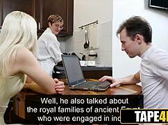 Blonde Teen Stepsis Sucks Stepbro's Small Dick under the Table While Mom Talks Morals in Bedroom