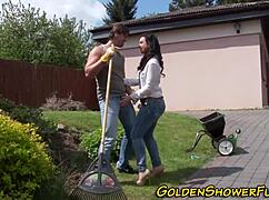 fetish slut watersports with blowjob and golden shower outdoor