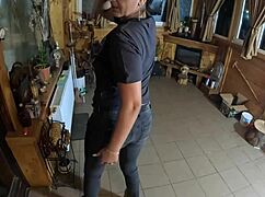 Face-fucking and cum play in tight jeans