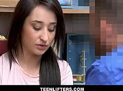 Petite brunette shoplifter caught by officer