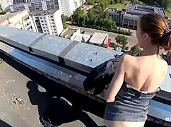 russian teen bitch getting fucked on the roof with big cock