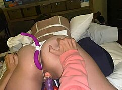 the cute girl discovers toys that stretch her all holes in a playful session.