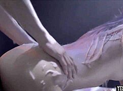 Couple bent over for rough doggystyle blowjob by aliens in galactic sex show
