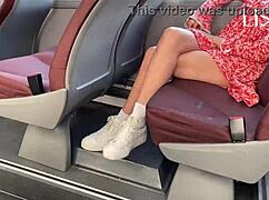 Hot latina woman flashes and masturbates on crowded bus