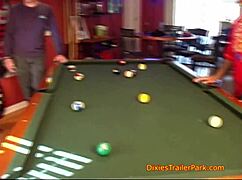 Step sister acts as pool hall slut in outdoor blowbang with cumshots.