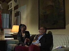 She gives the old man a blowjob then masturbates while watching him fuck his woman.