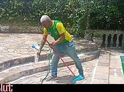 Guy Cleans Pool Then Enters House