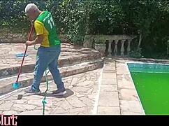 Guy Cleans Pool Then Enters House