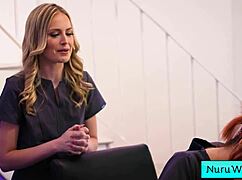 Blonde Lauren Phillips prepares David Lee for wet nuru!