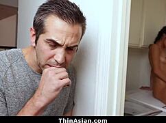 I caught the Asian teen using a dildo in the garage and punished her with my monster cock