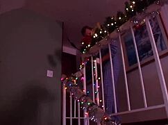 During christmas blonde babe with big fake juggs gets drilled by a hung stud