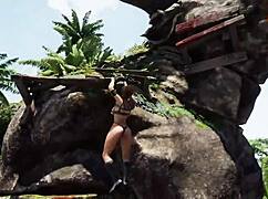 Lara Croft Boldly Stretches Her Tight Pussy Using a Thick Glass Bottle in Hentai Game